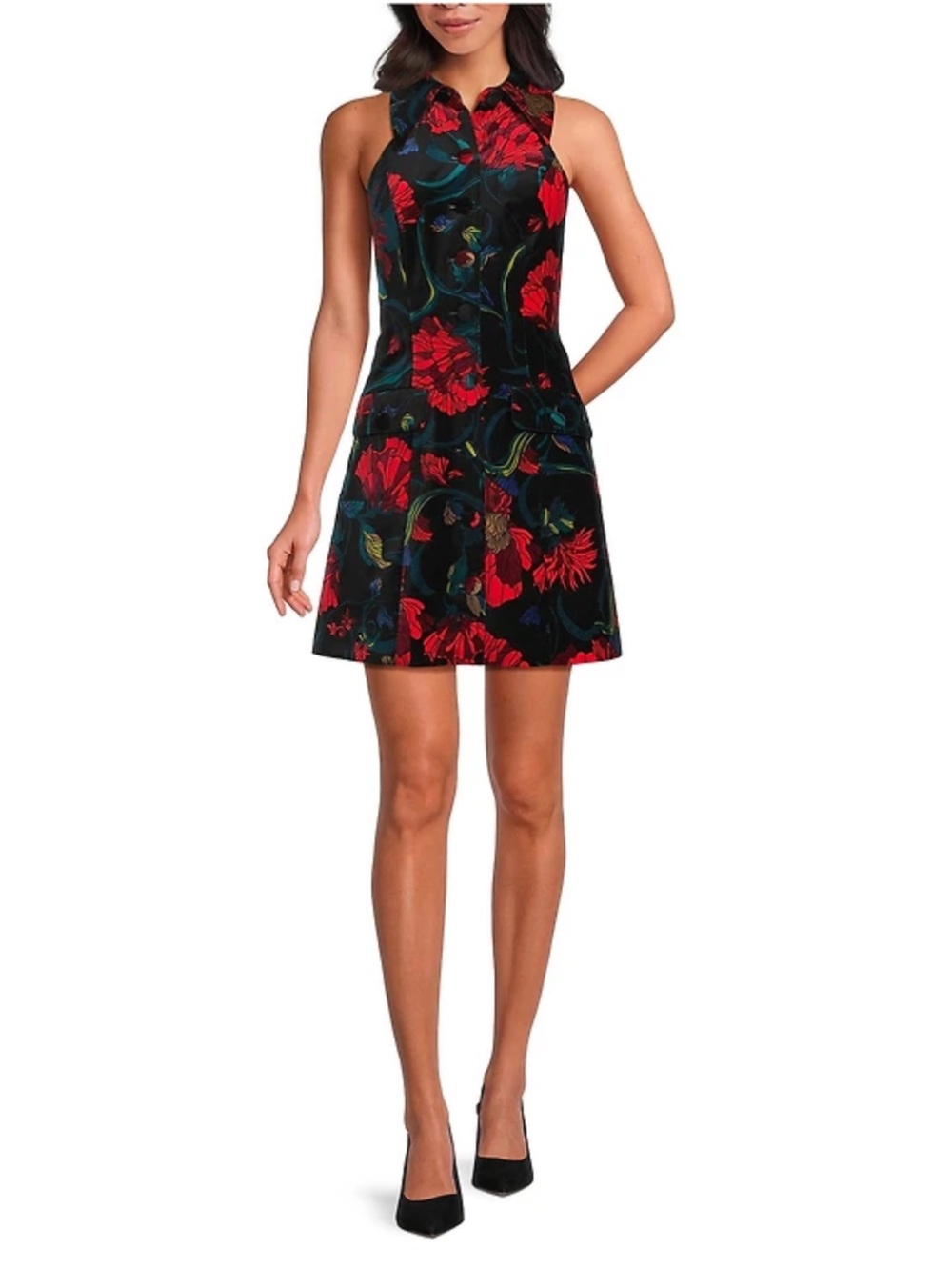 TRINA TURK Sleeveless Black Floral A-Line Dress with Red Bloom Print